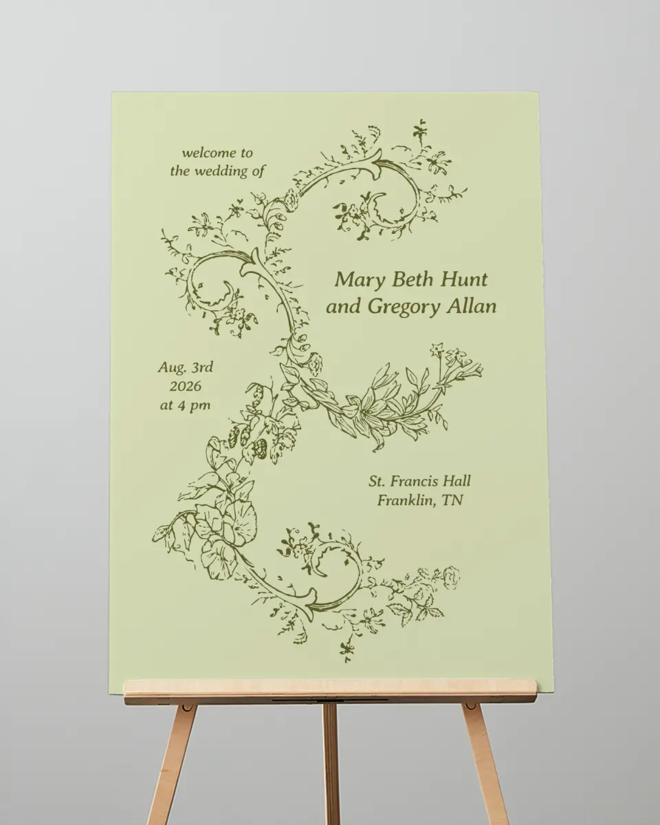 This is a 20" x 28" Welcome Sign called Vintage Chinoiserie printed in full color with Gold foil