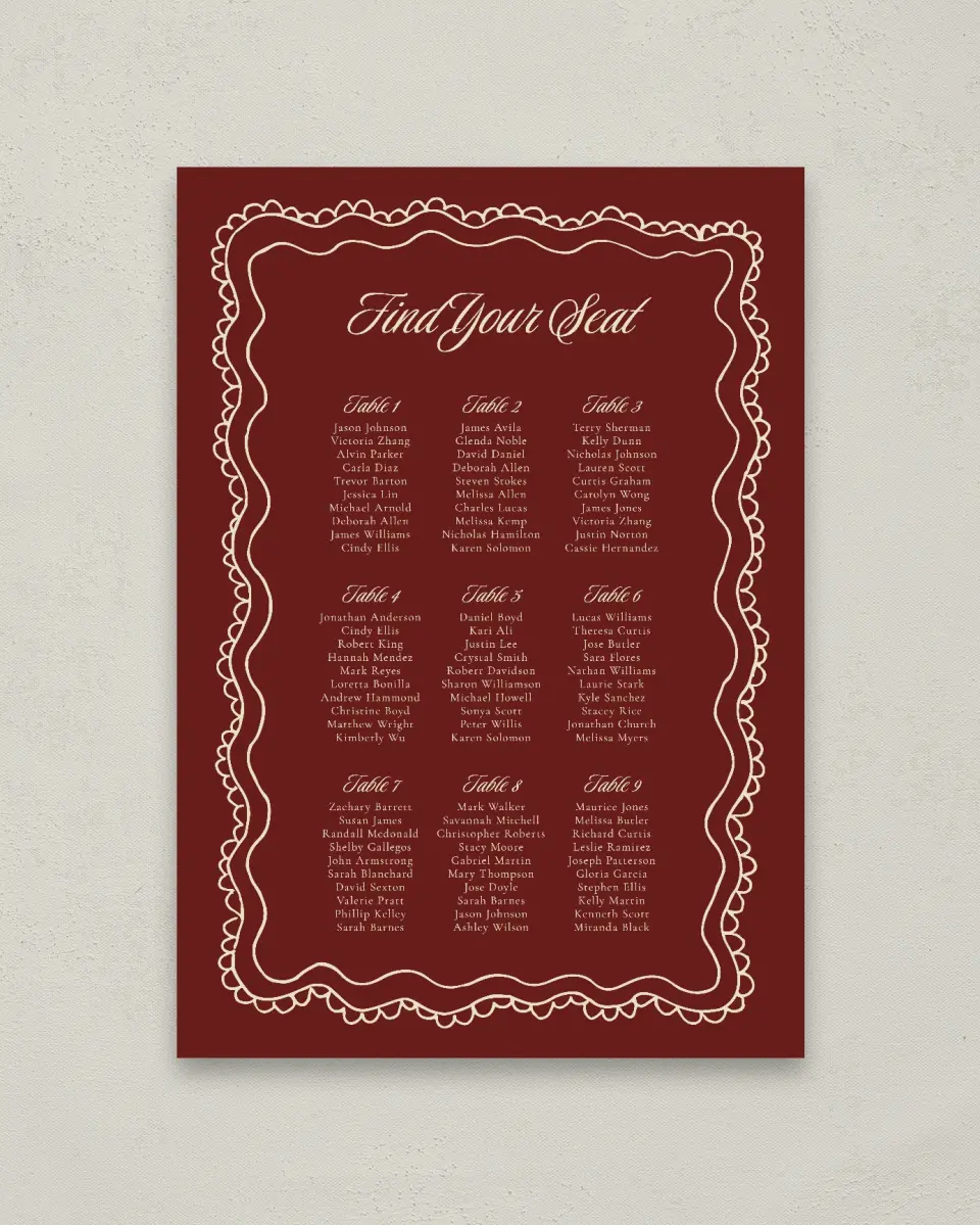 This is a 20" x 28" Seating Chart Sign called Bloom & Crest printed in full color with Gold foil