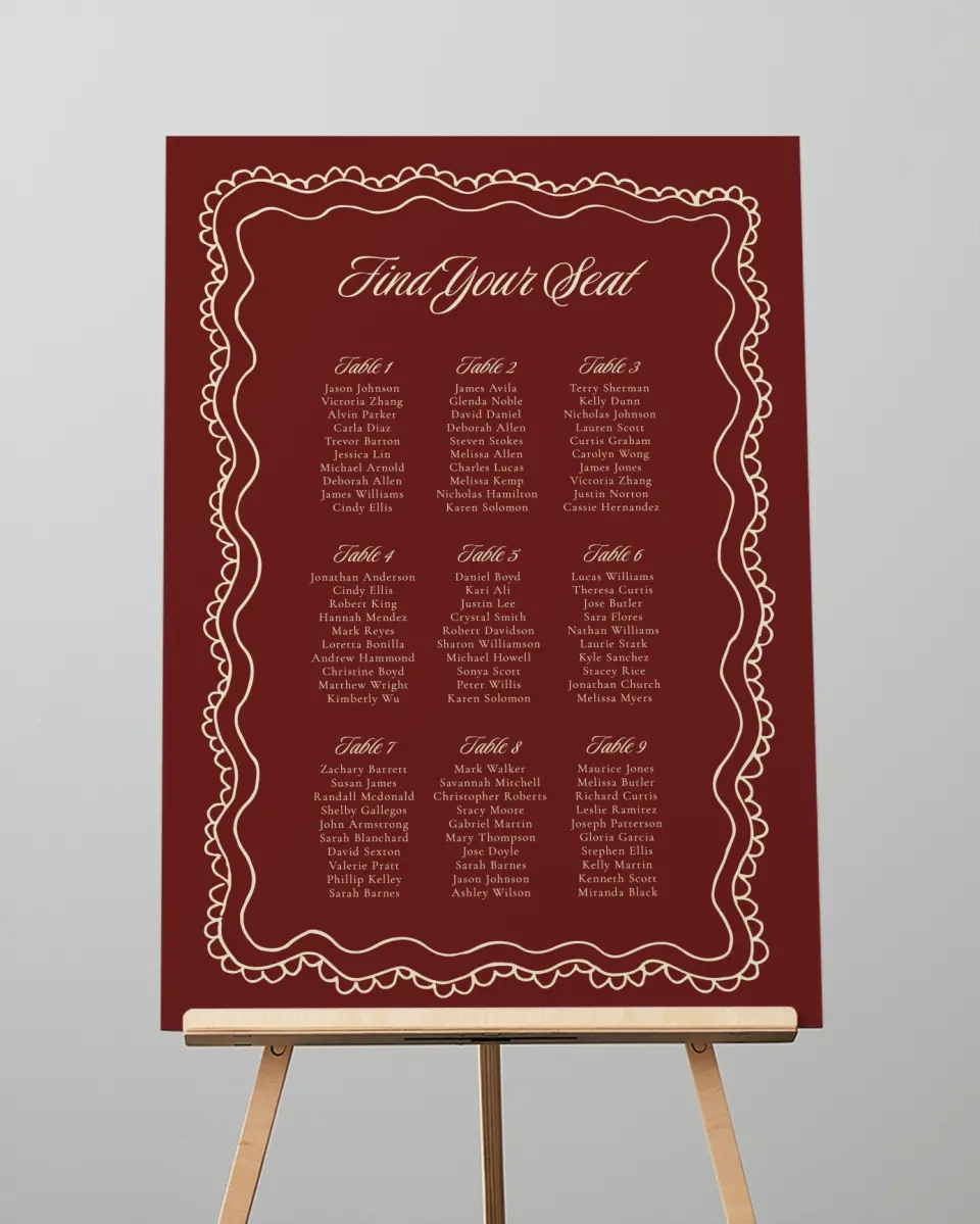 This is a 20" x 28" Seating Chart Sign called Bloom & Crest printed in full color with Gold foil