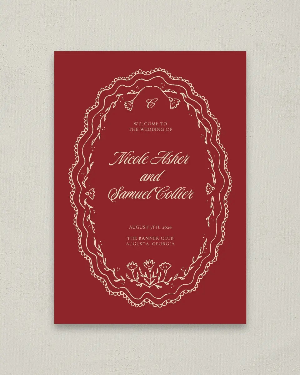 This is a 20" x 28" Welcome Sign called Bloom & Crest printed in full color with Gold foil