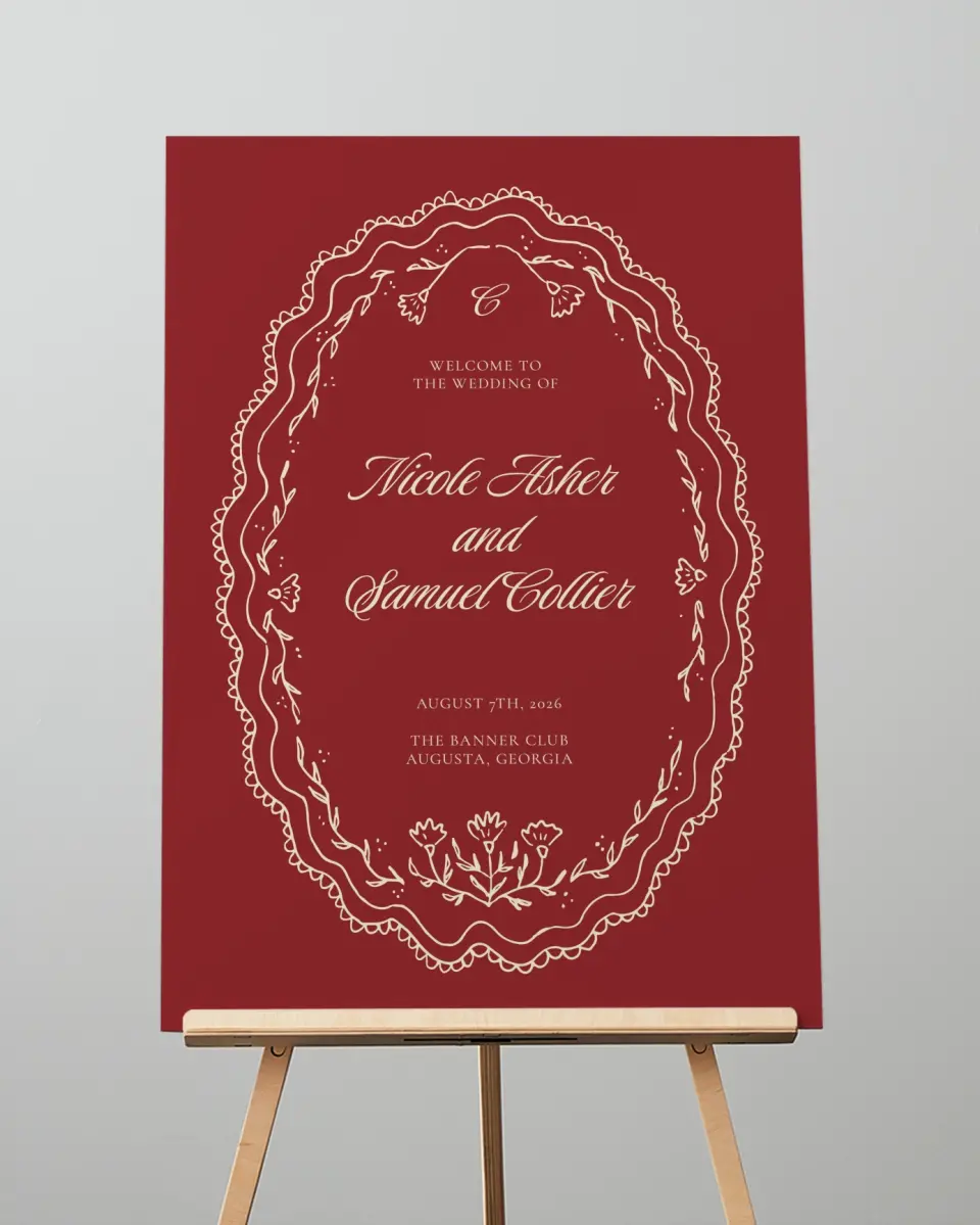 This is a 20" x 28" Welcome Sign called Bloom & Crest printed in full color with Gold foil
