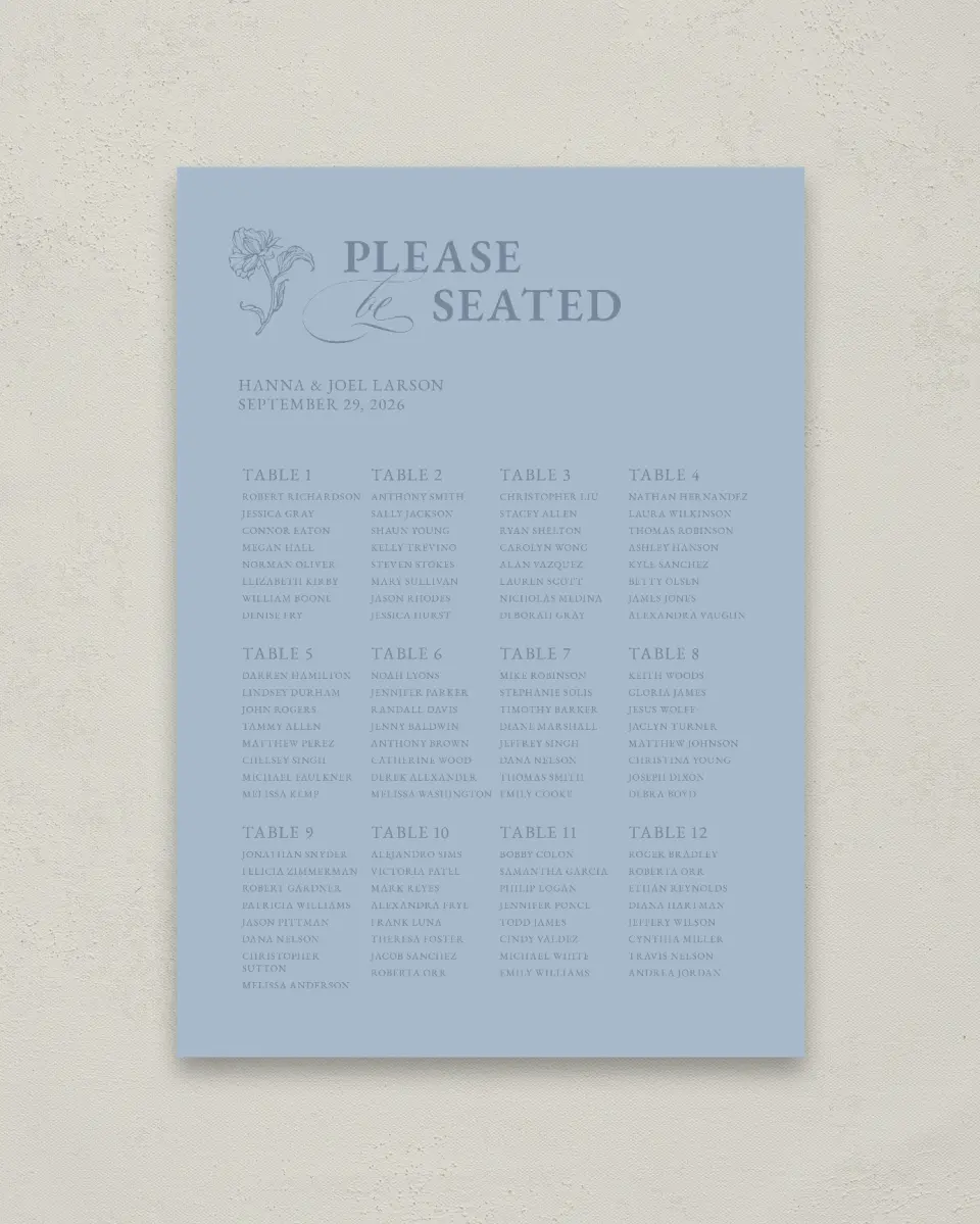 This is a 20" x 28" Seating Chart Sign called Pressed Petals printed in full color with Gold foil
