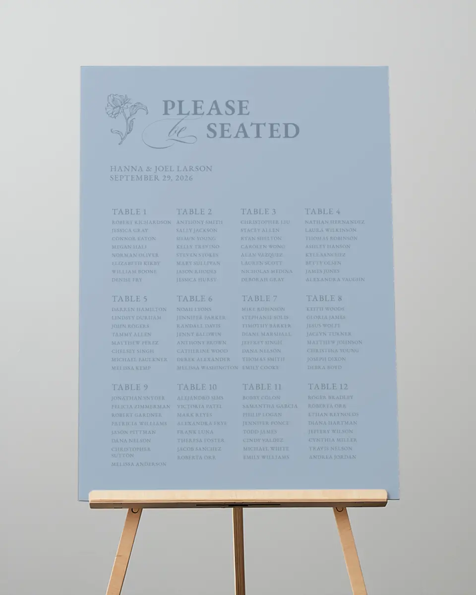 This is a 20" x 28" Seating Chart Sign called Pressed Petals printed in full color with Gold foil