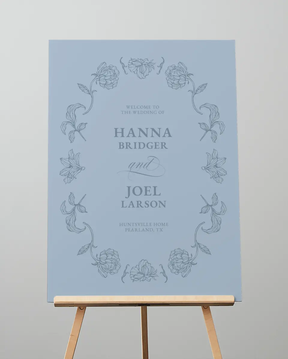This is a 20" x 28" Welcome Sign called Pressed Petals printed in full color with Gold foil