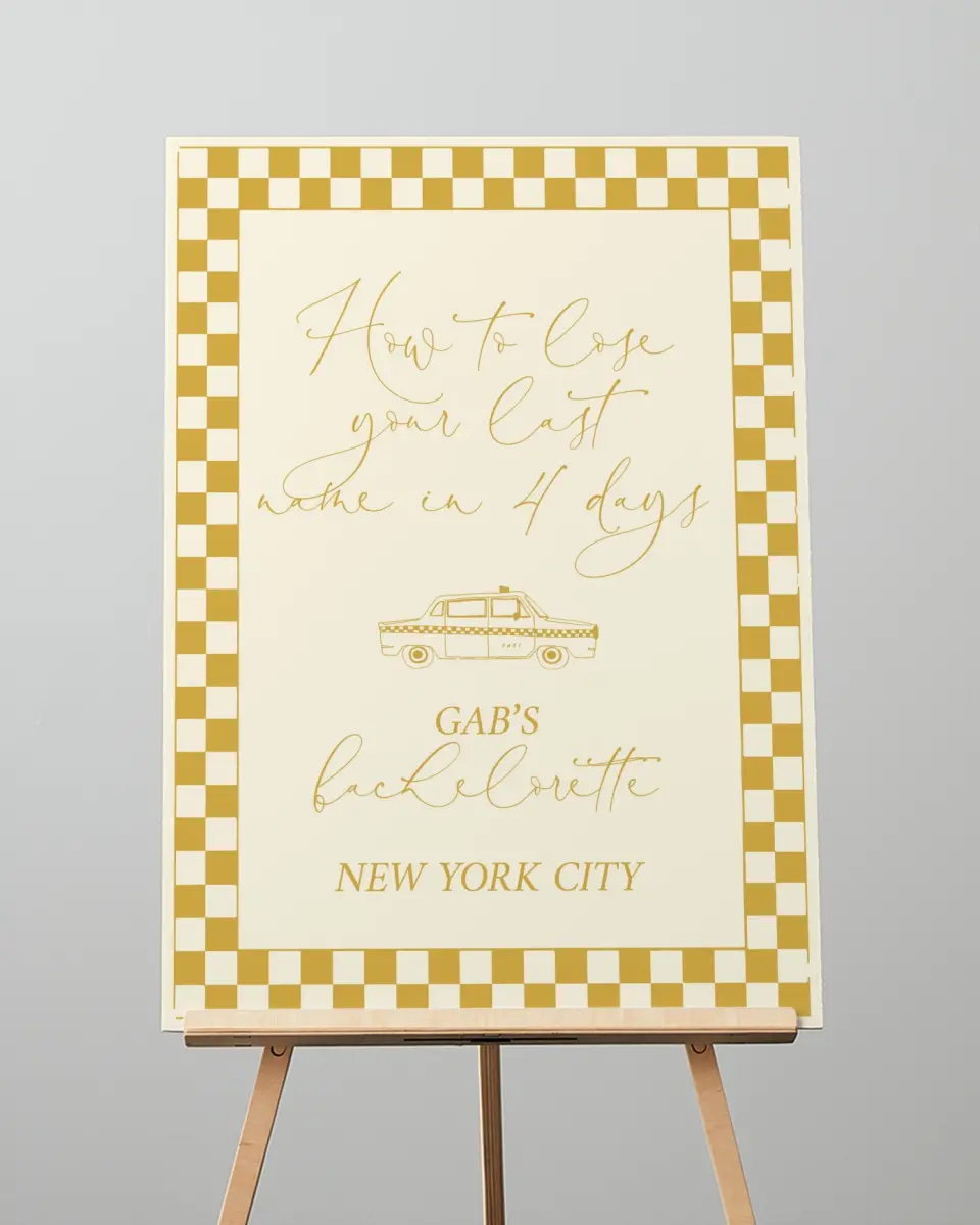 This is a 20" x 28" Welcome Sign called How to Lose your Last Name in 10 Days printed in full color