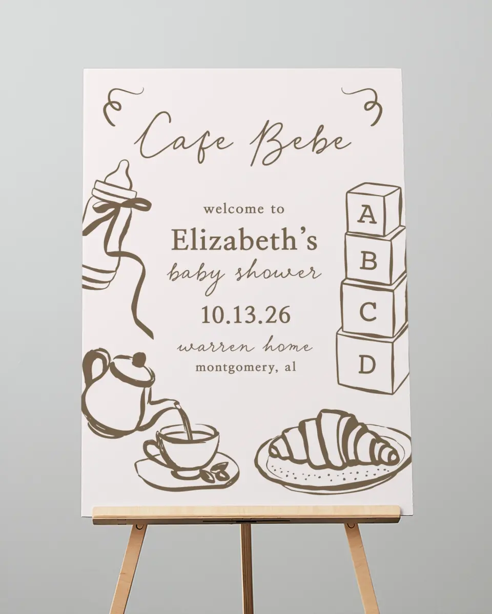 This is a 20" x 28" Welcome Baby Shower Sign called Cafe Bebe printed in full color with Silver foil