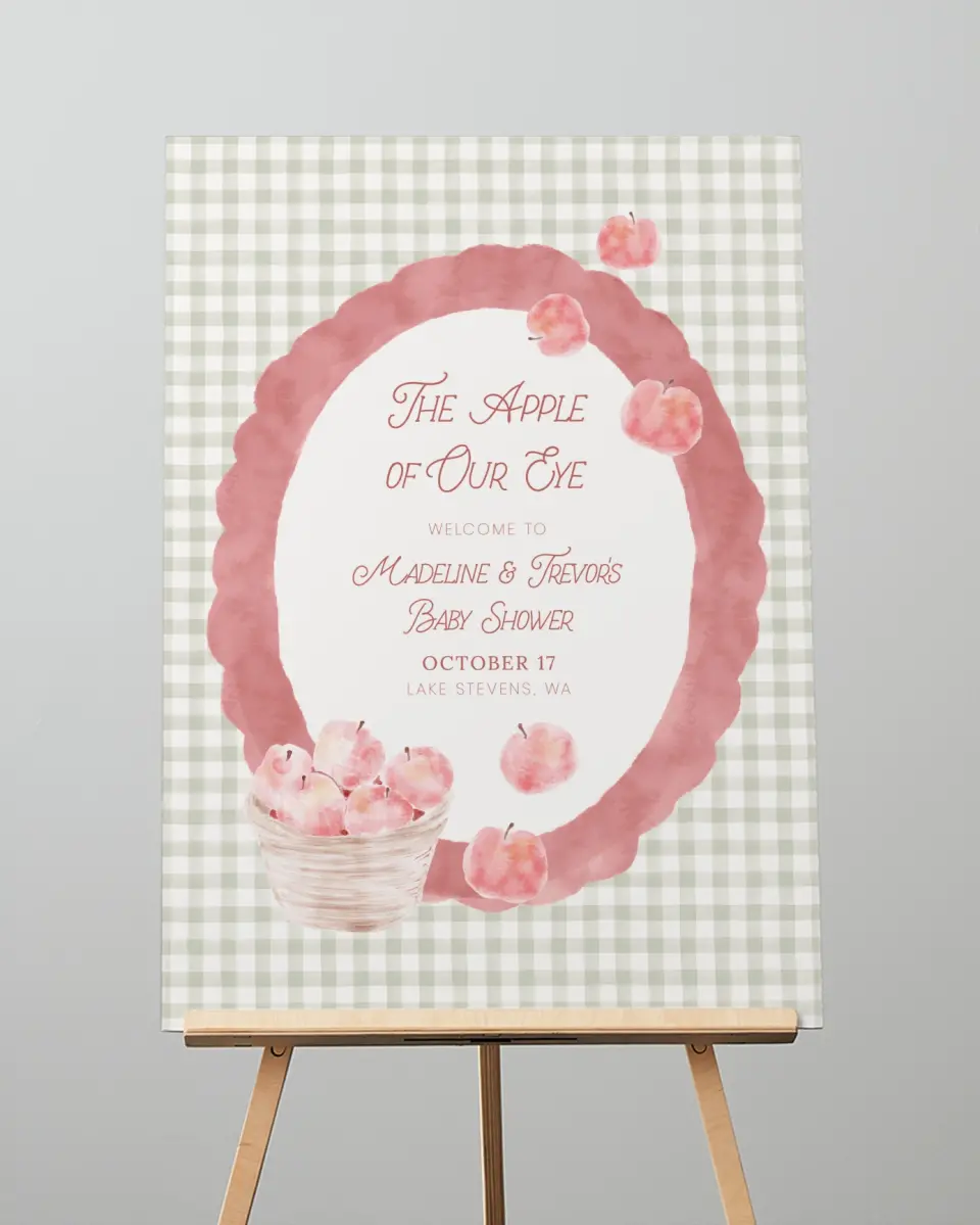 This is a 20" x 28" Welcome Baby Shower Sign called Apple of Our Eye printed in full color