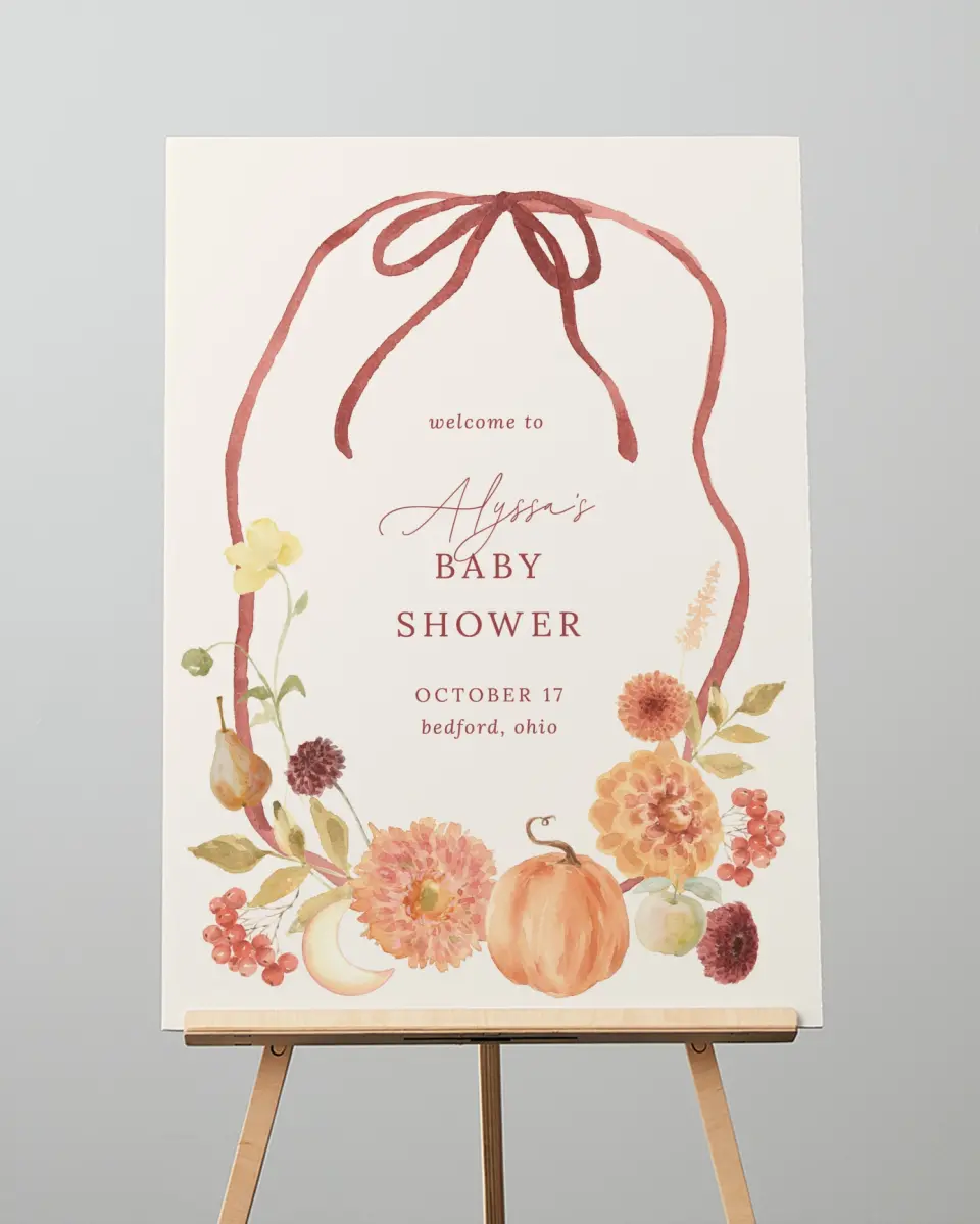 This is a 20" x 28" Welcome Baby Shower Sign called Harvest Moon printed in full color with Gold foil
