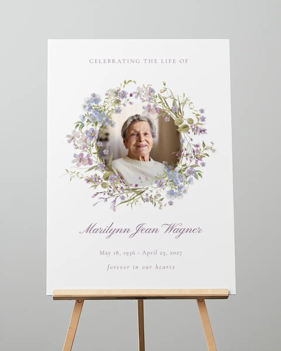 This is a 20" x 28" Memorial Sign called Forever Blooming printed in full color with Rose Gold foil