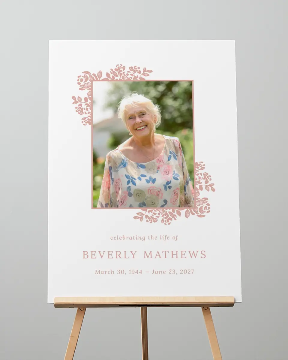 This is a 20" x 28" Memorial Sign called Beloved Blooms printed in full color with Rose Gold foil