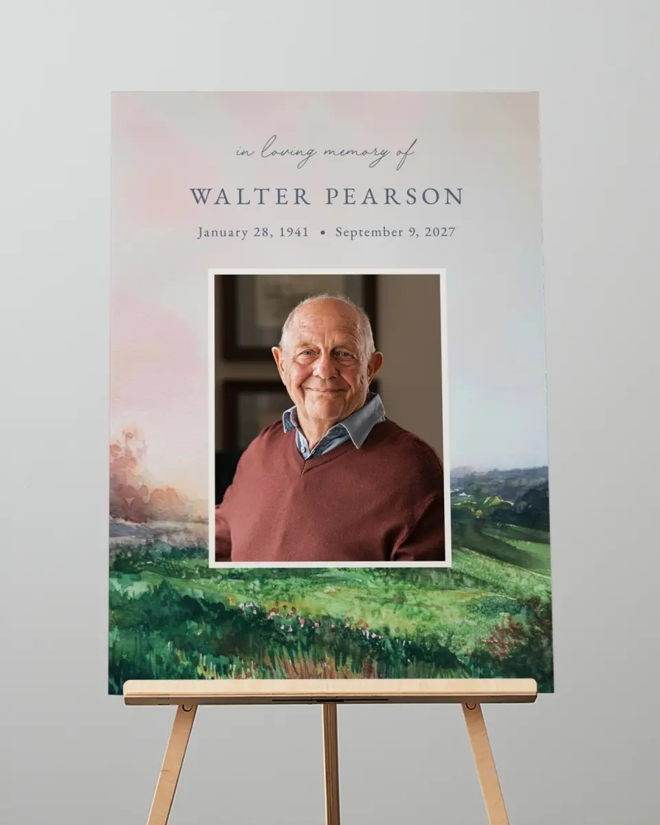 This is a 20" x 28" Memorial Sign called Peaceful Horizon printed in full color with Rose Gold foil
