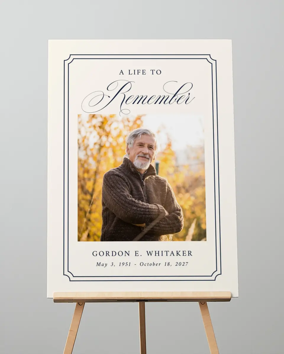 This is a 20" x 28" Memorial Sign called Framed Remembrance printed in full color with Rose Gold foil