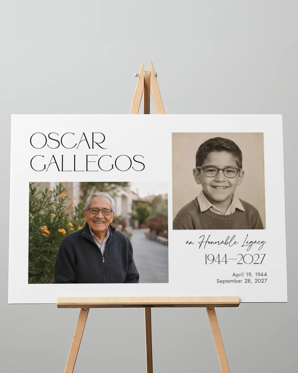 This is a 20" x 28" Memorial Sign called Honorable Life printed in full color with Rose Gold foil