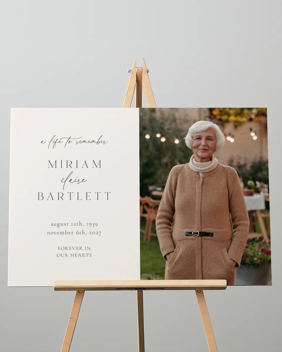 This is a 20" x 28" Memorial Sign called Cherished Life printed in full color with Rose Gold foil