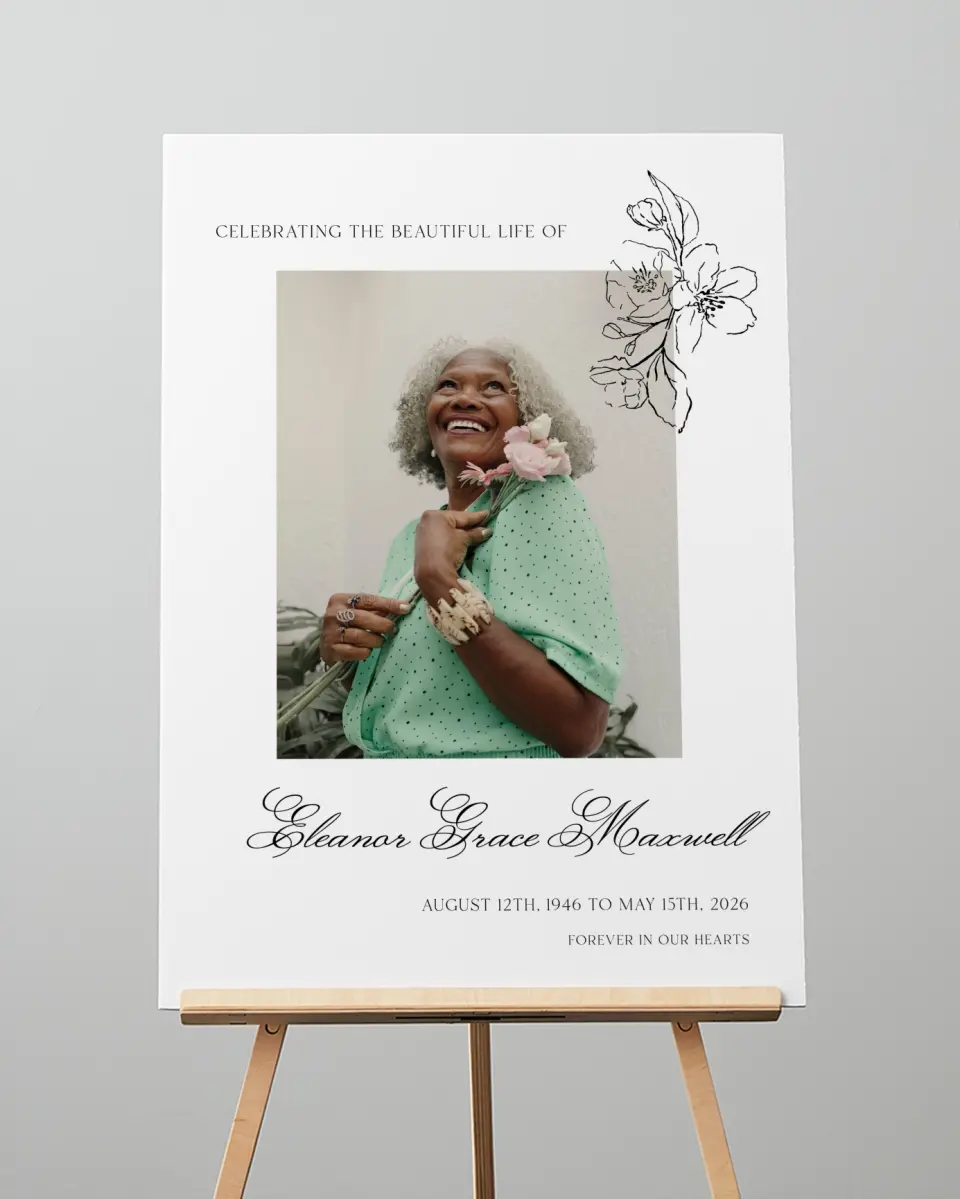 This is a 20" x 28" Memorial Sign called Peaceful Petals printed in full color with Rose Gold foil