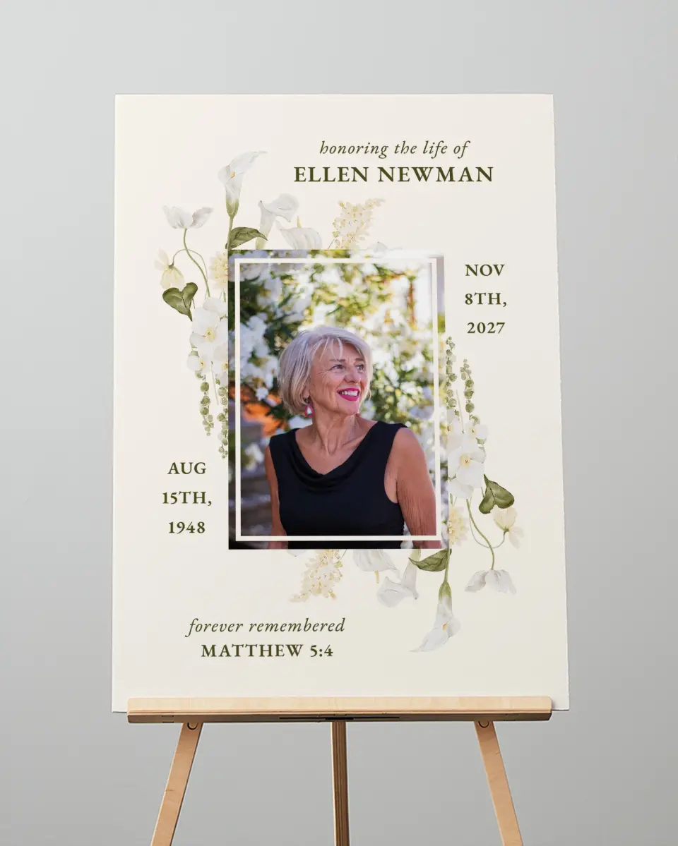 This is a 20" x 28" Memorial Sign called Lovely Lilies printed in full color with Rose Gold foil