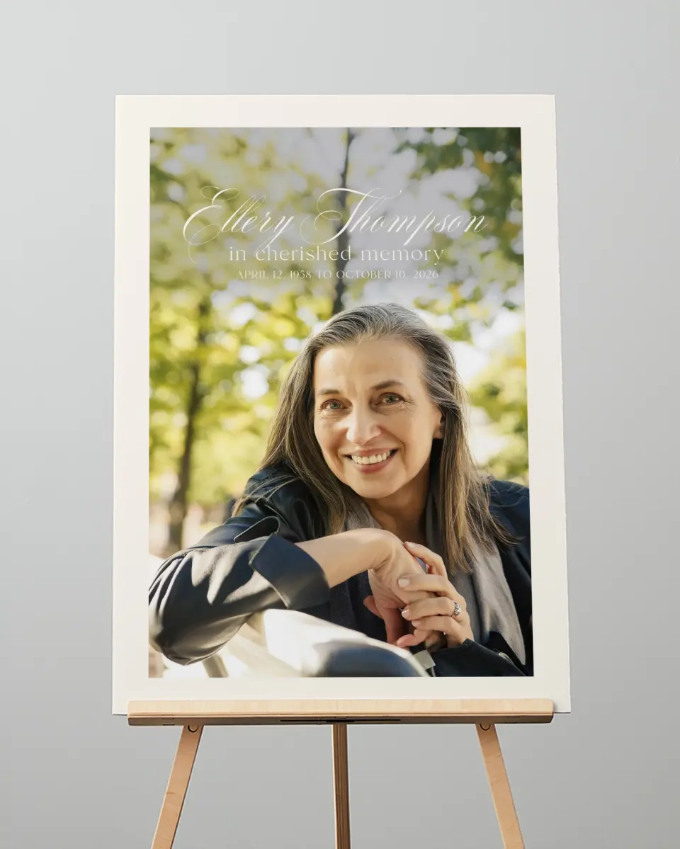 This is a 20" x 28" Memorial Sign called New Light printed in full color with Rose Gold foil