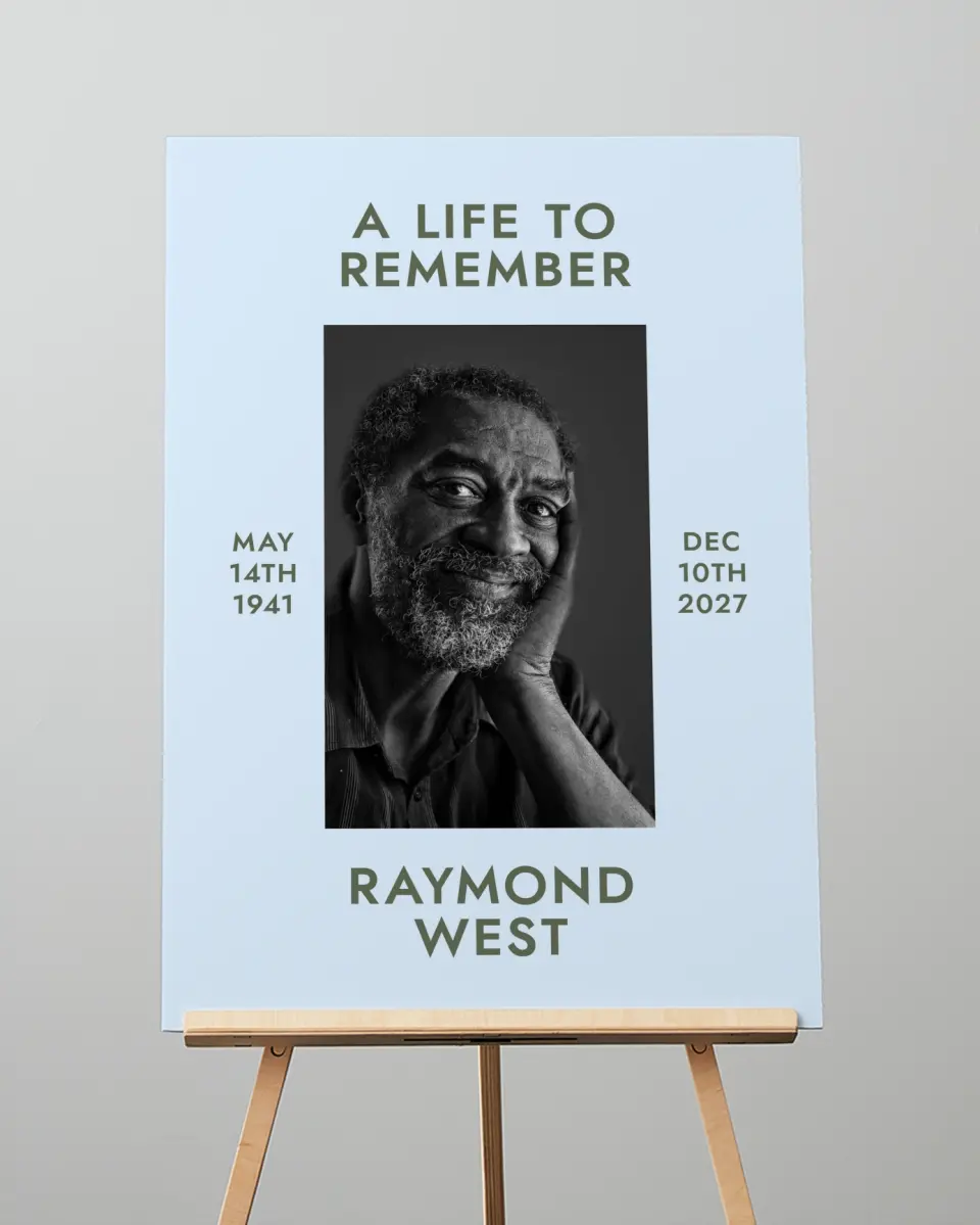 This is a 20" x 28" Memorial Sign called Typed Memories printed in full color with Rose Gold foil