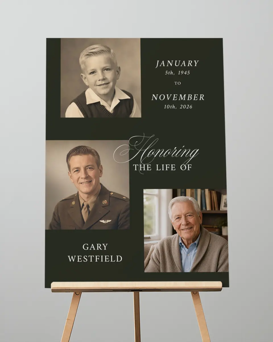 This is a 20" x 28" Memorial Sign called Leaving a Legacy printed in full color with Rose Gold foil