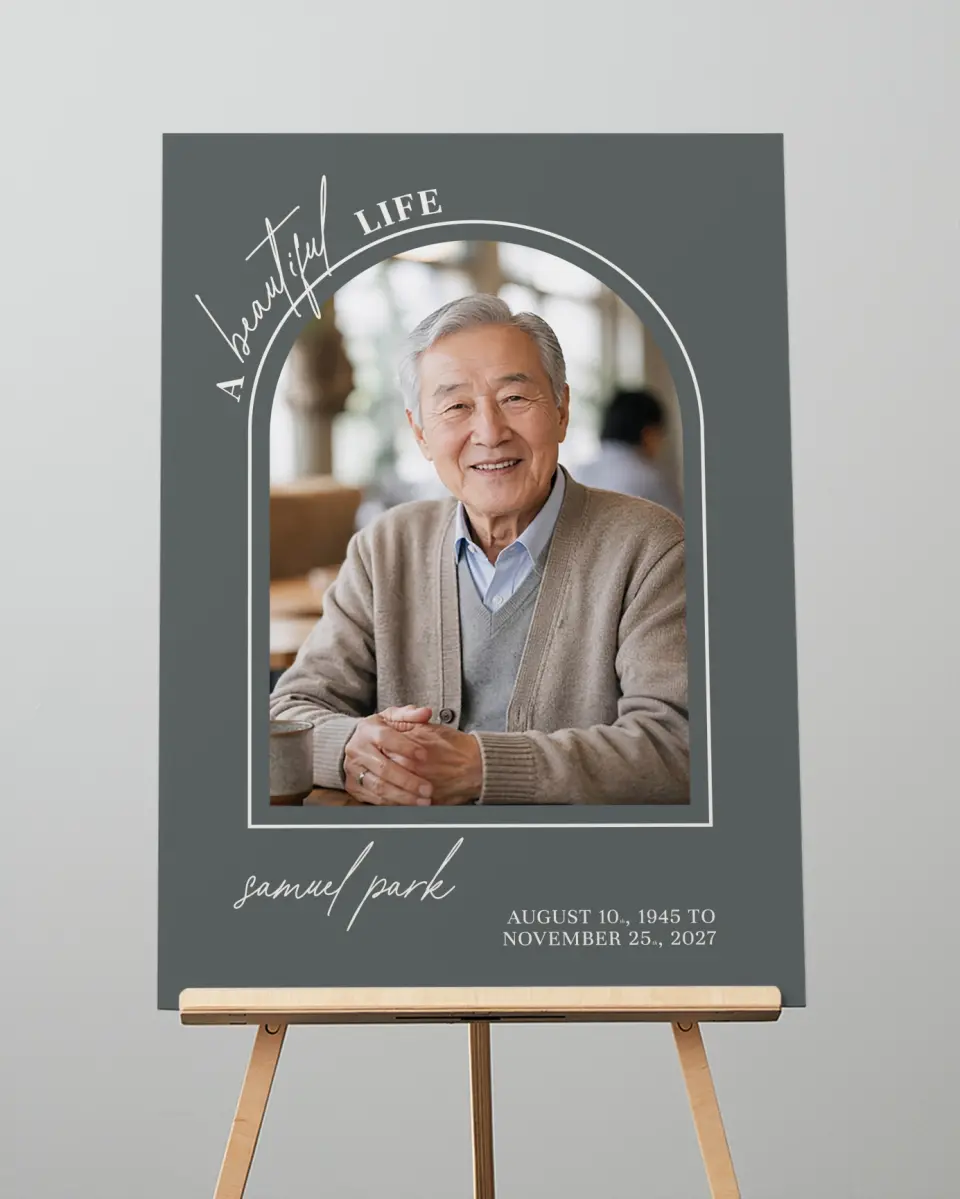This is a 20" x 28" Memorial Sign called Remembered Forever printed in full color with Rose Gold foil