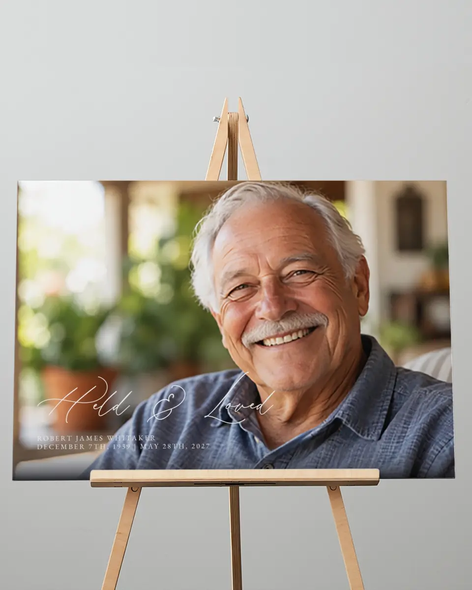 This is a 20" x 28" Memorial Sign called Held & Loved printed in full color with Rose Gold foil