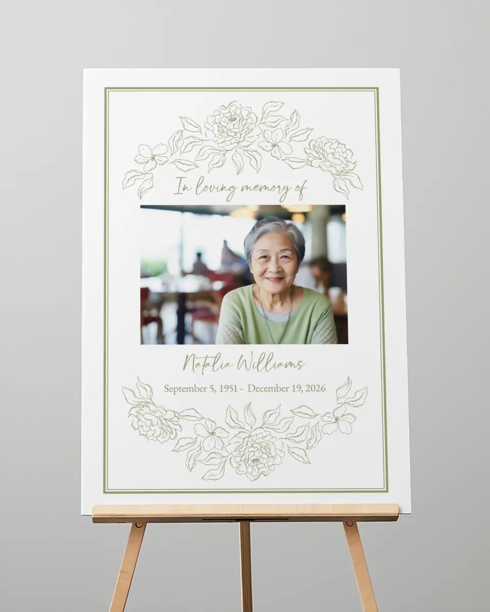 This is a 20" x 28" Memorial Sign called Forever Flourishing printed in full color with Rose Gold foil