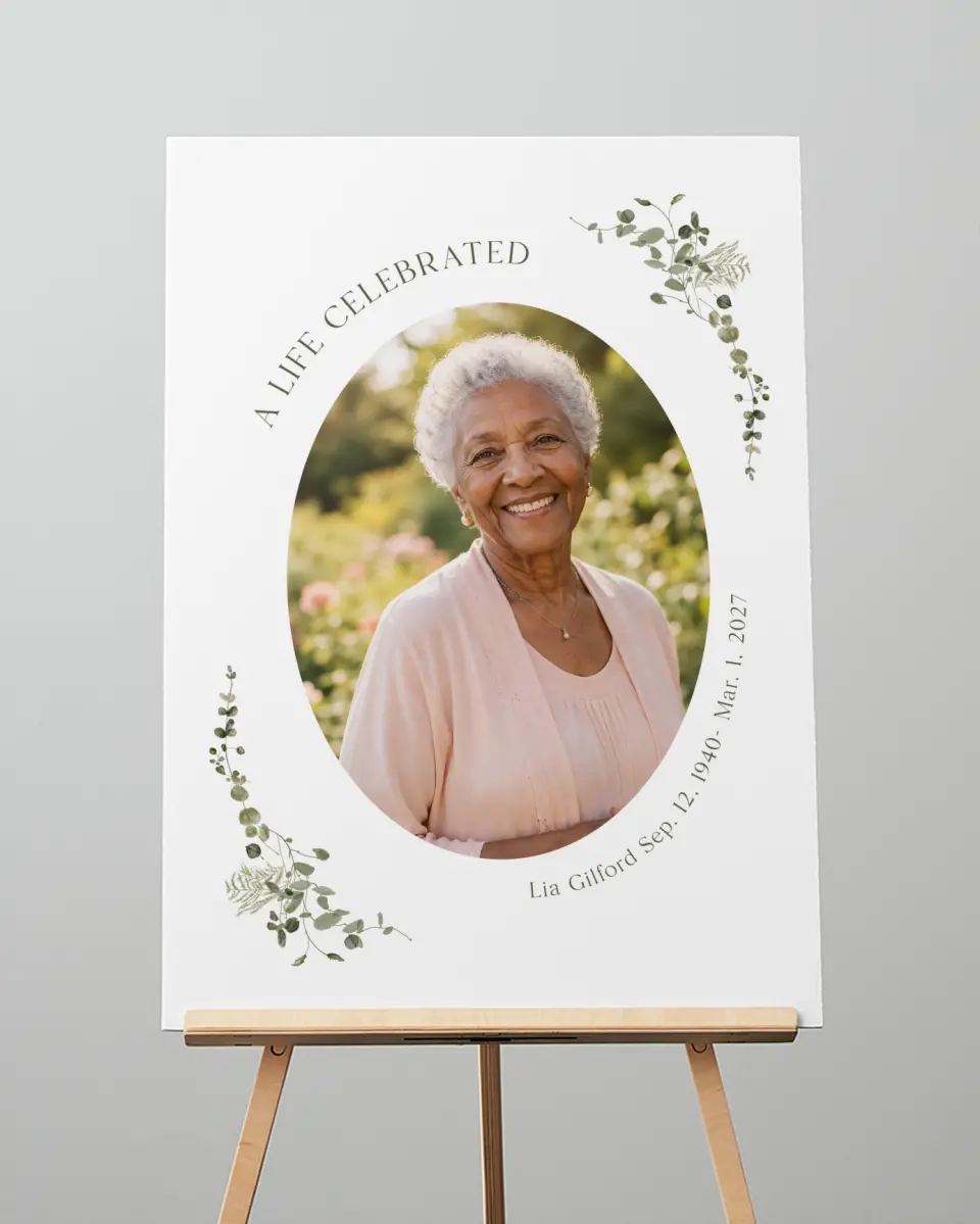 This is a 20" x 28" Memorial Sign called Life Legacy printed in full color with Rose Gold foil
