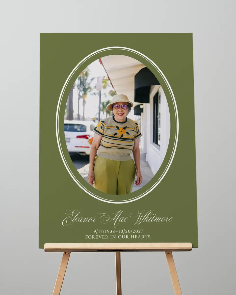 This is a 20" x 28" Memorial Sign called In Remembrance printed in full color with Rose Gold foil