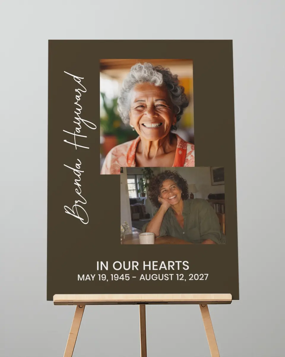 This is a 20" x 28" Memorial Sign called In Our Hearts printed in full color with Rose Gold foil
