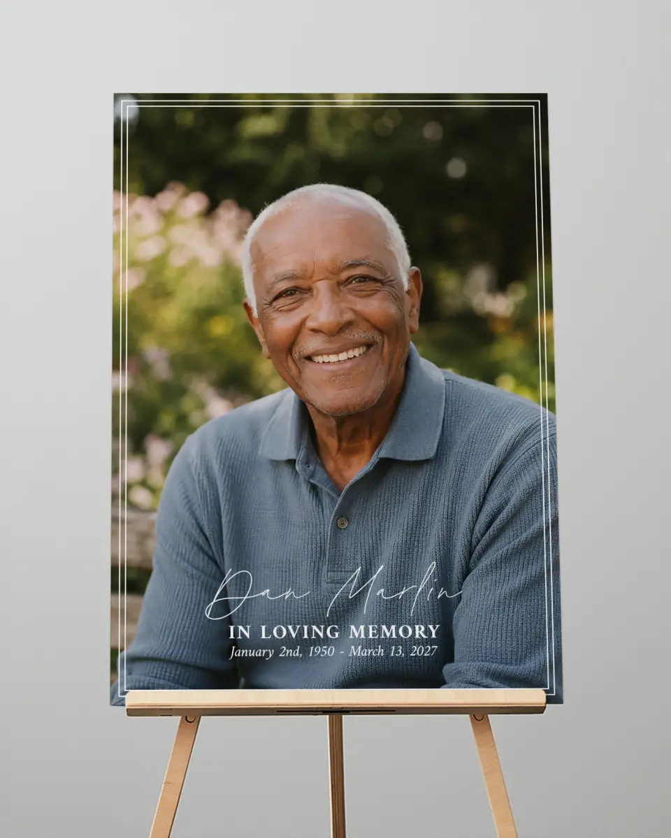 This is a 20" x 28" Memorial Sign called In Memory printed in full color with Rose Gold foil