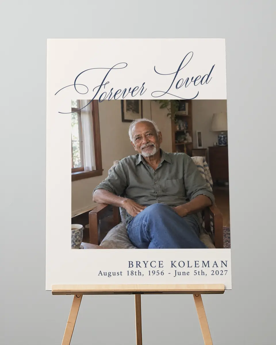 This is a 20" x 28" Memorial Sign called Forever Loved printed in full color with Rose Gold foil