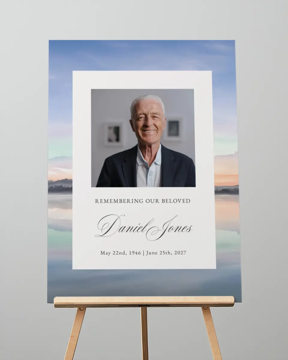 This is a 20" x 28" Memorial Sign called Our Beloved printed in full color with Rose Gold foil