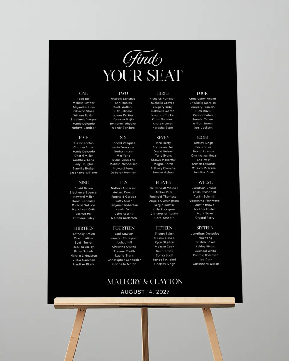 This is a 20" x 28" Seating Chart Sign called The Mallory printed in full color