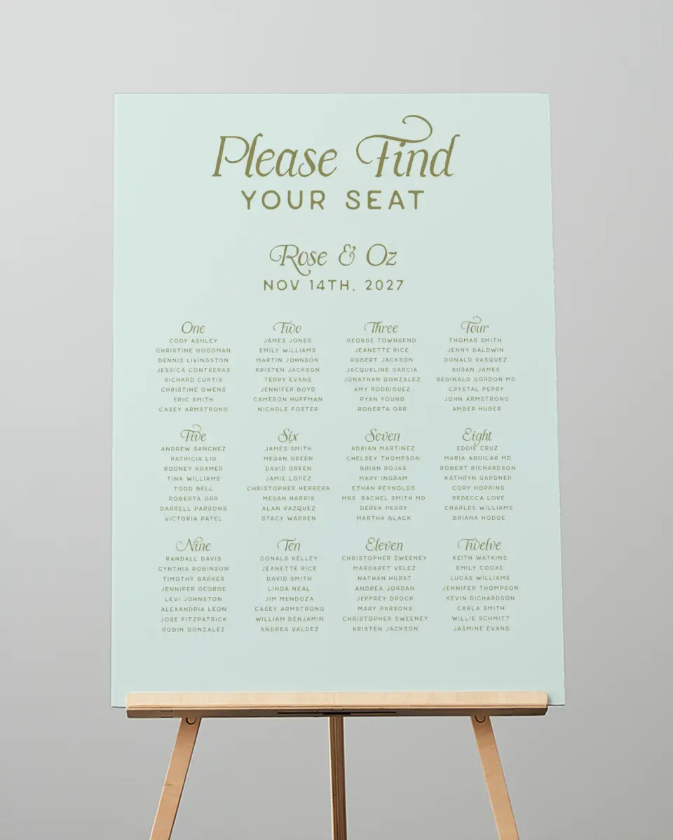 This is a 20" x 28" Seating Chart Sign called The Rosemary printed in full color