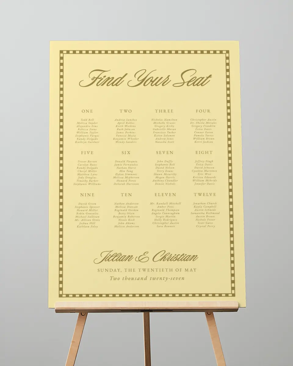 This is a 20" x 28" Seating Chart Sign called The Jillian printed in full color