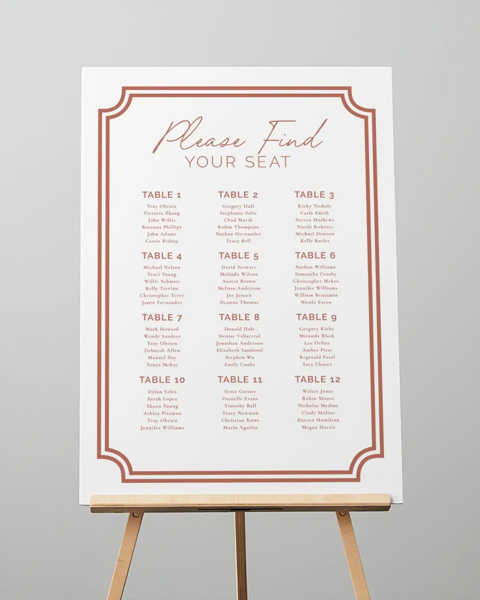 This is a 20" x 28" Seating Chart Sign called The Chelsea printed in full color