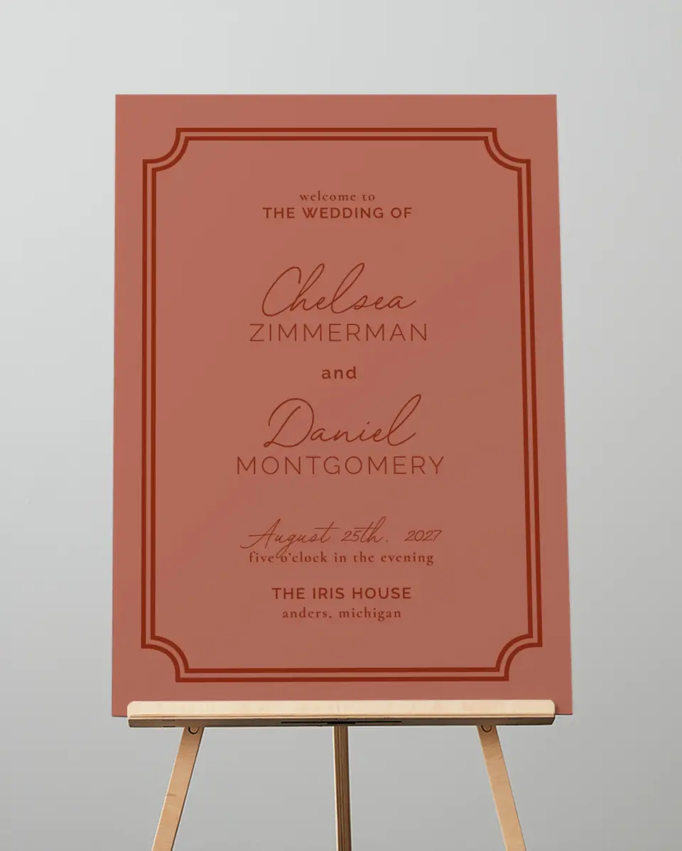 This is a 20" x 28" Welcome Sign called The Chelsea printed in full color with Rose Gold foil
