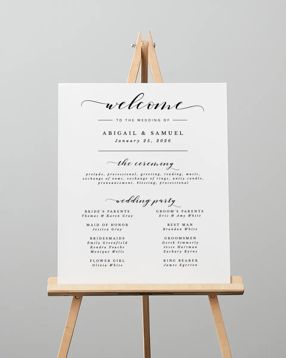 This is a 16" x 20" Ceremony Sign called Timeless Eloquence printed in full color
