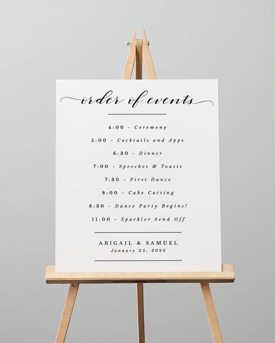 This is a 16" x 20" Schedule Sign called Timeless Eloquence printed in full color