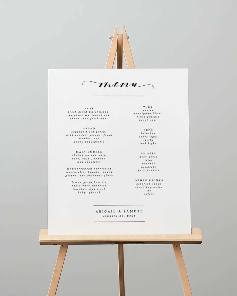 This is a 16" x 20" Menu Sign called Timeless Eloquence printed in full color