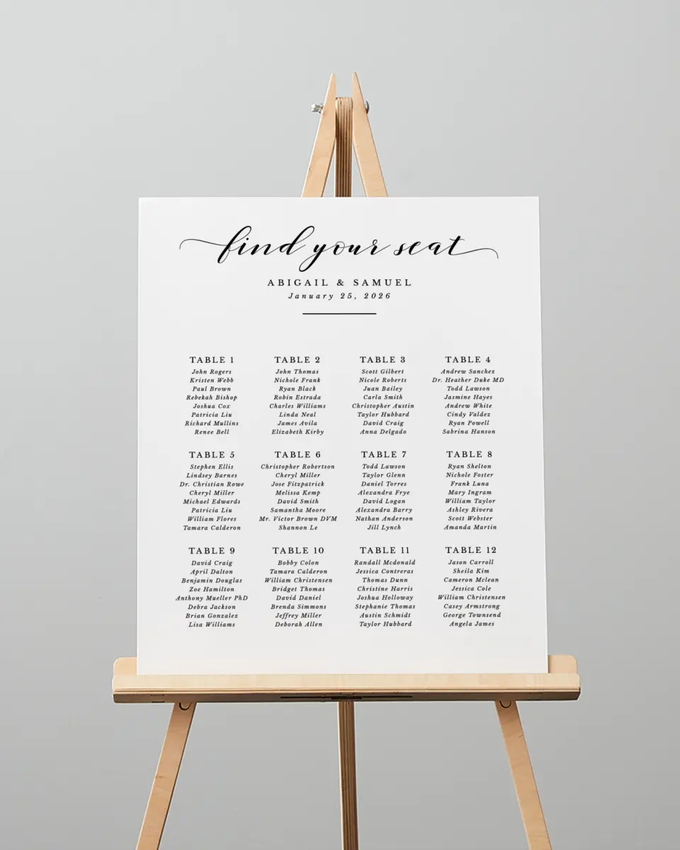 This is a 16" x 20" Seating Chart Sign called Timeless Eloquence printed in full color