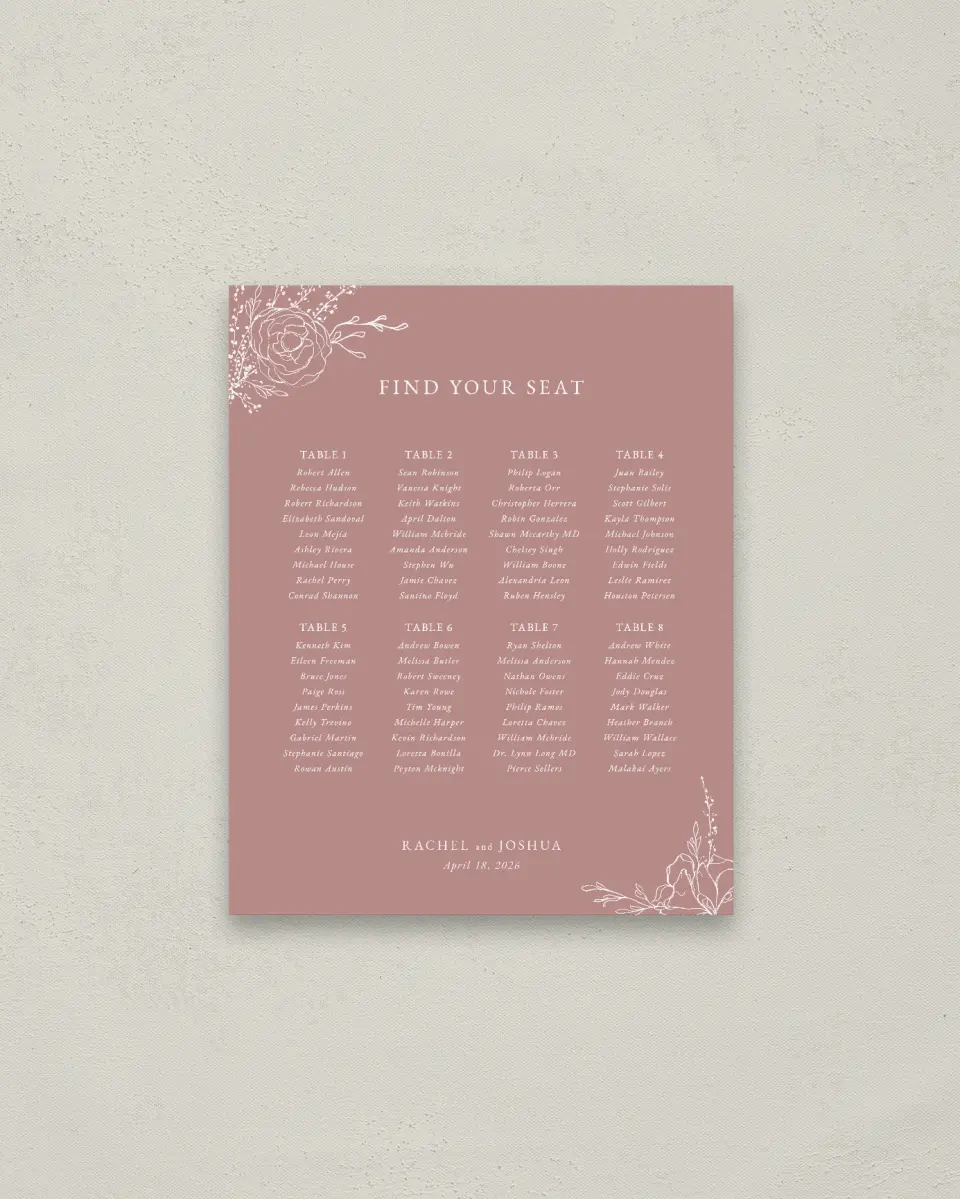This is a 16" x 20" Seating Chart Sign called Blooming Rose printed in full color