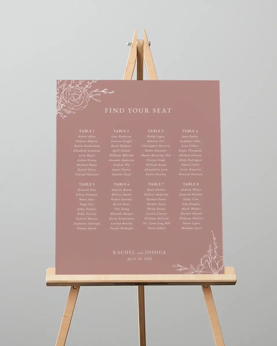 This is a 16" x 20" Seating Chart Sign called Blooming Rose printed in full color