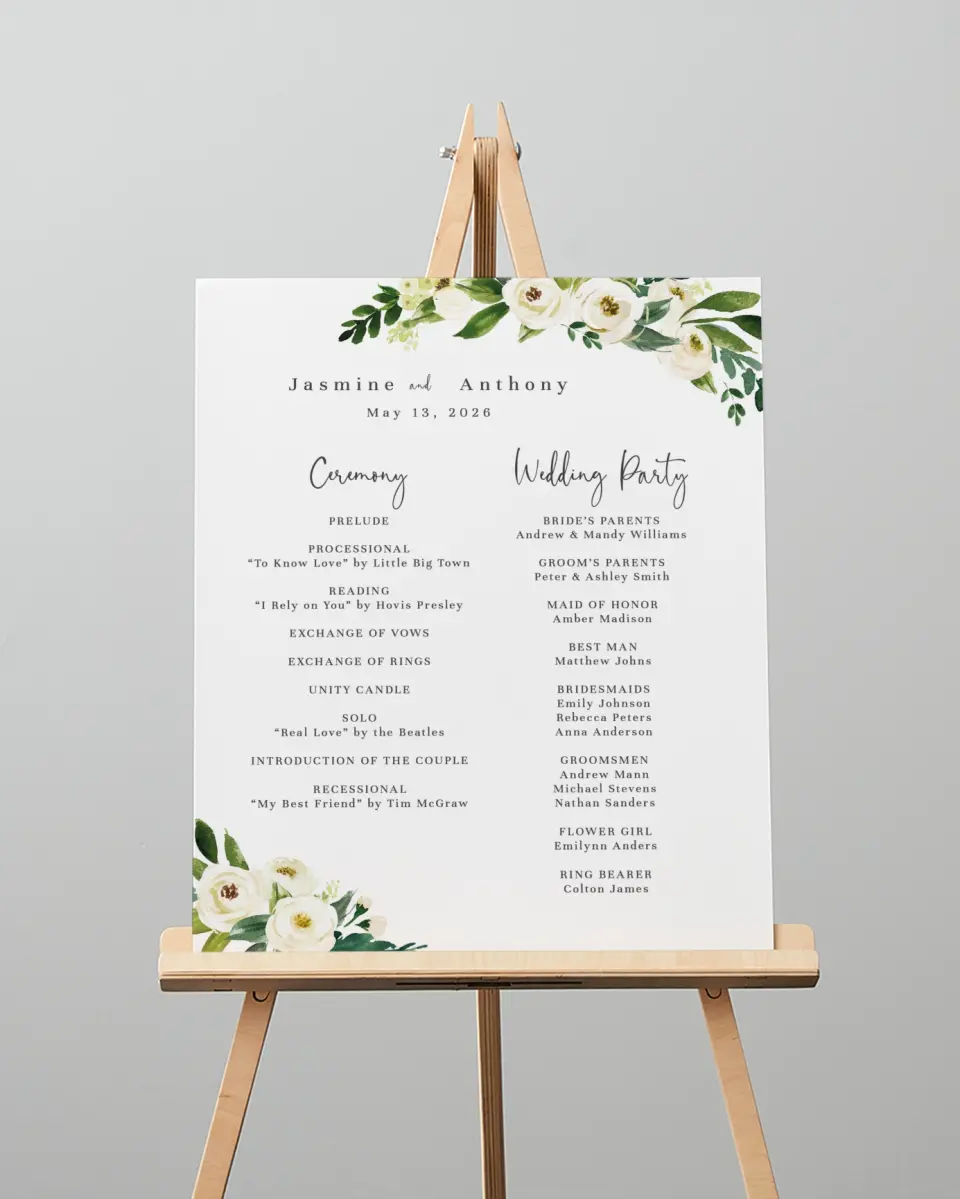 This is a 16" x 20" Ceremony Sign called Wedding Florals printed in full color