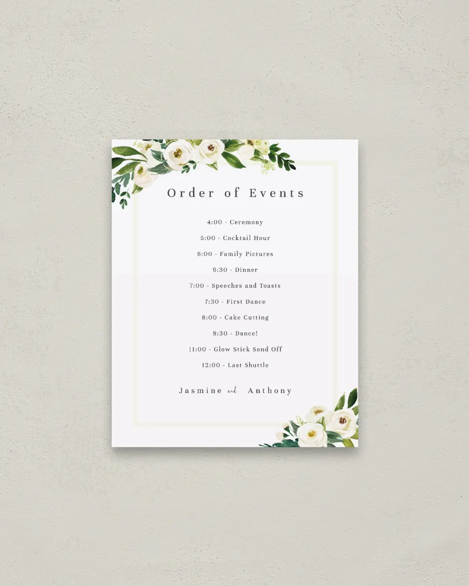 This is a 16" x 20" Schedule Sign called Wedding Florals printed in full color