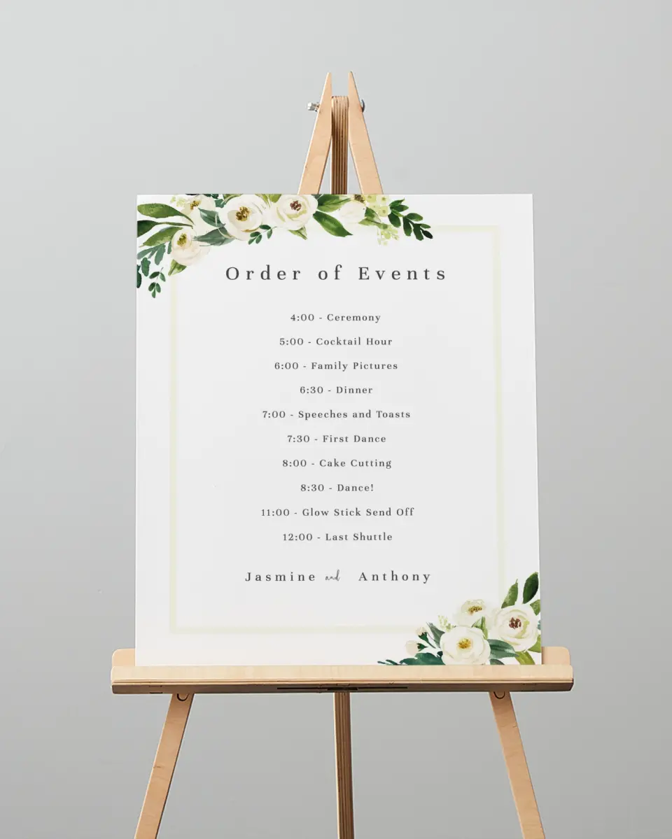This is a 16" x 20" Schedule Sign called Wedding Florals printed in full color