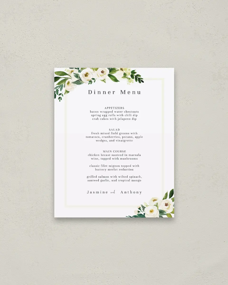 This is a 16" x 20" Menu Sign called Wedding Florals printed in full color