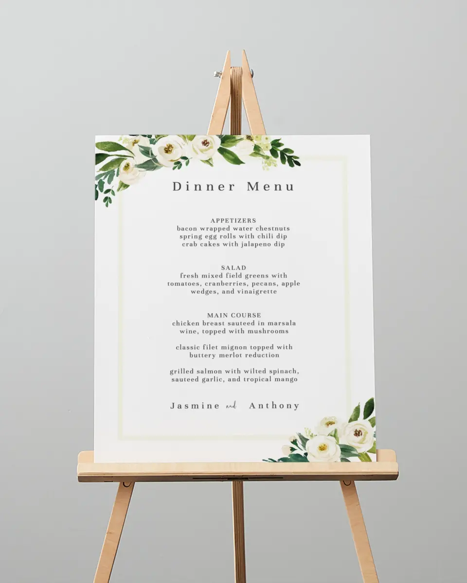 This is a 16" x 20" Menu Sign called Wedding Florals printed in full color
