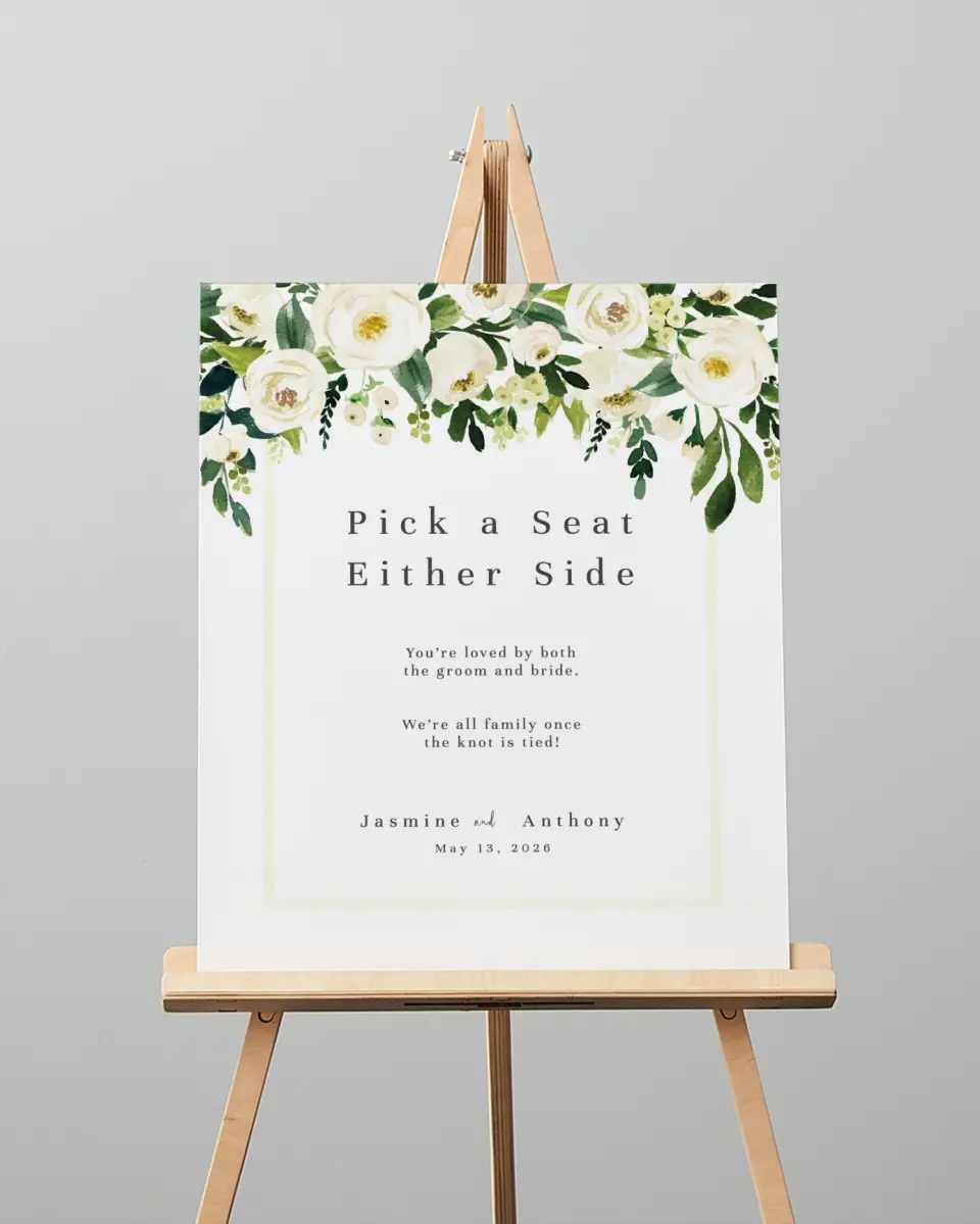 This is a 16" x 20" Pick a Seat Sign called Wedding Florals printed in full color