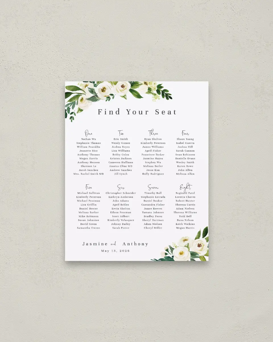 This is a 16" x 20" Seating Chart Sign called Wedding Florals printed in full color
